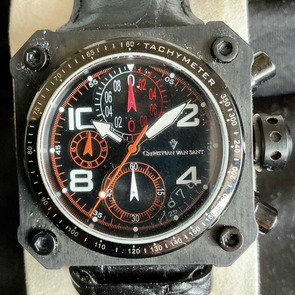 EUC Christian Van Sant Bold 38x38mm Square Quartz Chronograph w Original Box